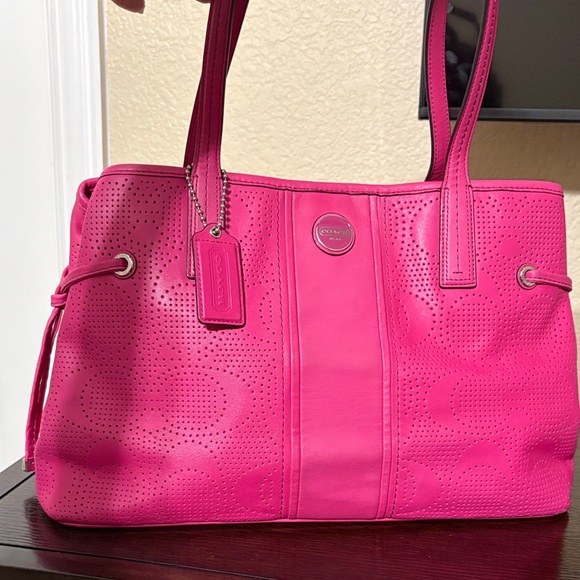 Coach Handbags - COACH Perforated Leather Drawstring Tote - Hot Pink | 2013